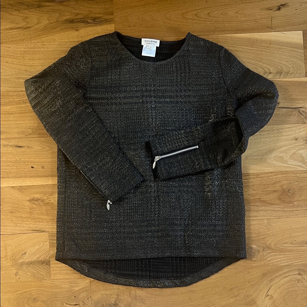 Roseanna |Textured Long Sleeve Top with Zipper Accents | black and gold | Sz 38